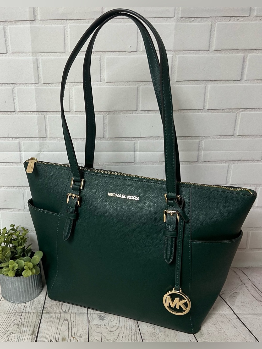 Michael Kors East West Zip Saffiano Leather Tote Moss Green Shoulder Bag Tote